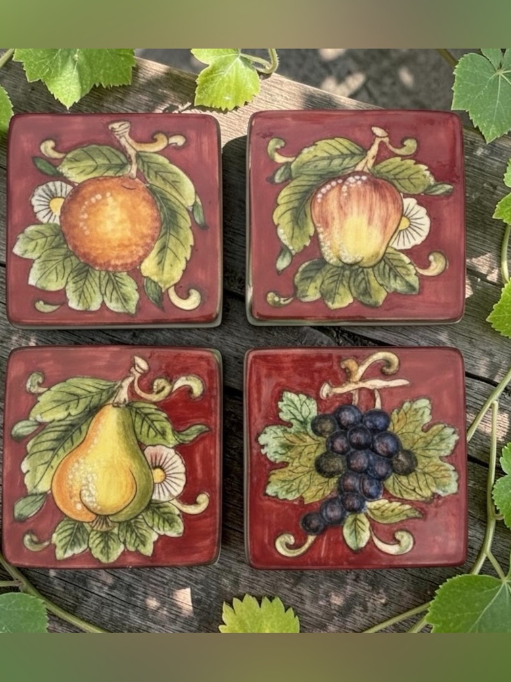 Vintage Fruit Themed Italian Ceramic Wall Plaques - Set of 4